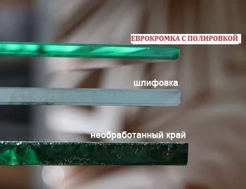 Сравнение полированной еврокромки, шлифованной и необработанной кромки стекла