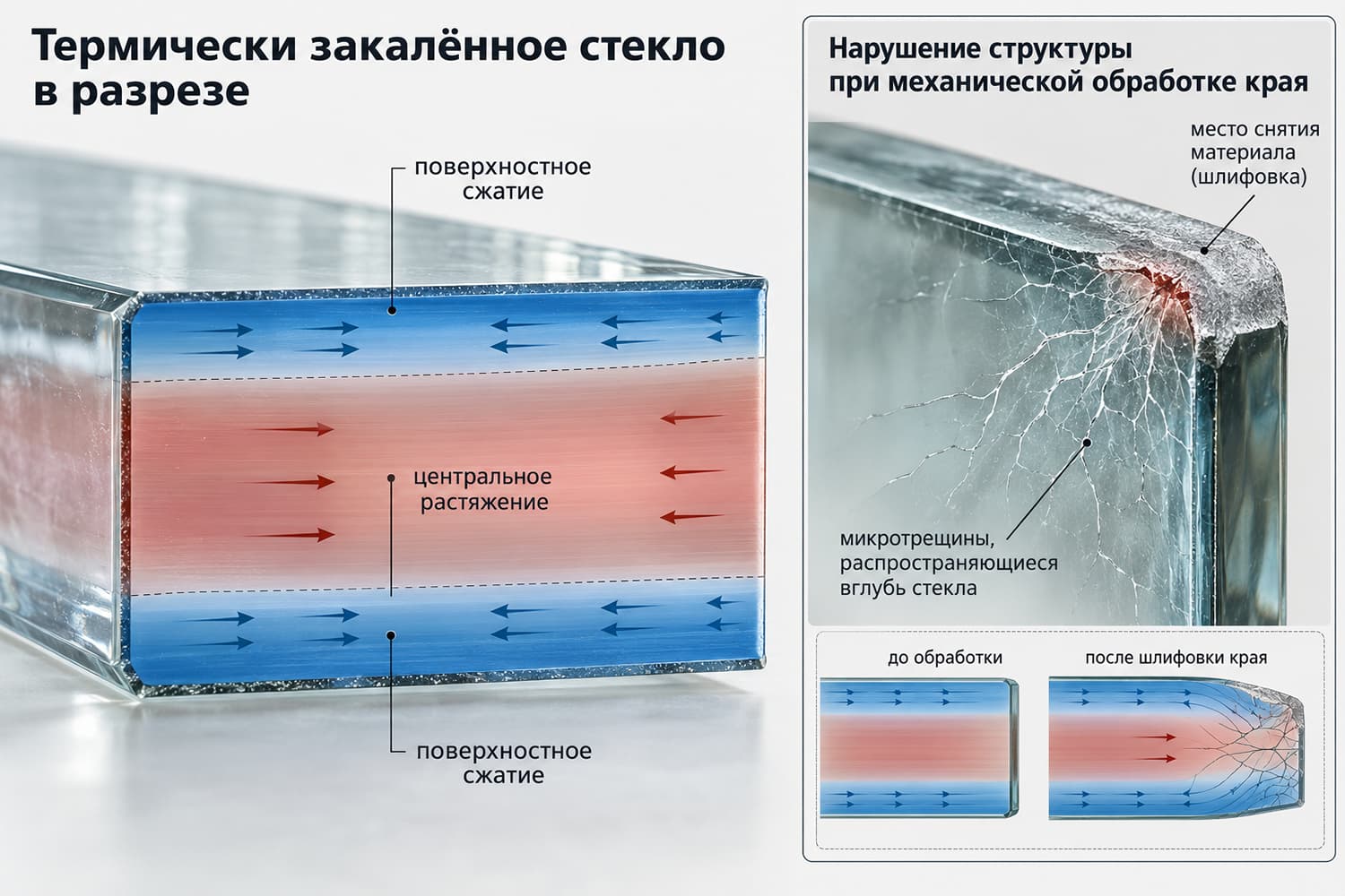 Схема остаточных напряжений в закалённом стекле: сжатие наружных слоёв и растяжение внутренней зоны