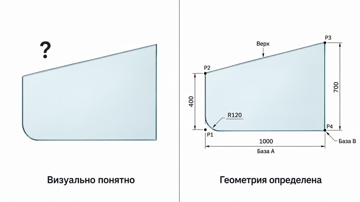 Сравнение нарисованного и однозначно заданного сложного контура стекла