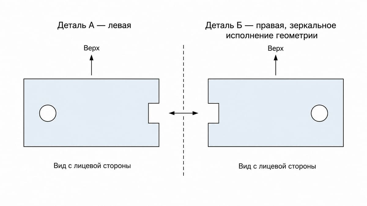 Левая и правая стеклянные детали с зеркально отражённым расположением отверстия и выреза